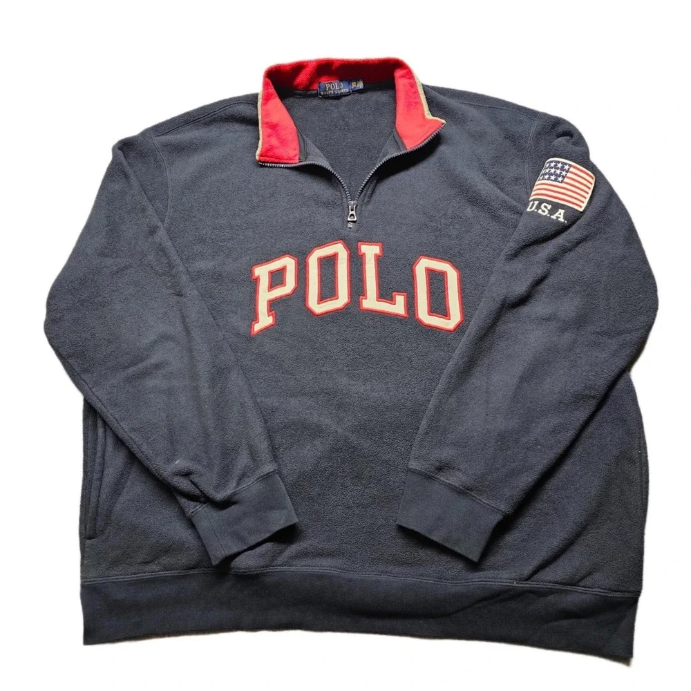 Polo Ralph Lauren Fleece Sweatshirt Mens 2XB Navy USA Flag Patch Quarter Zip